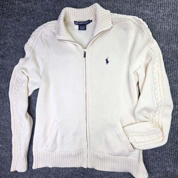 Ralph Lauren Sweaters - Ralph Lauren Sport Sweater Womens Large Cream Full Zip Cable Knit Cotton Logo